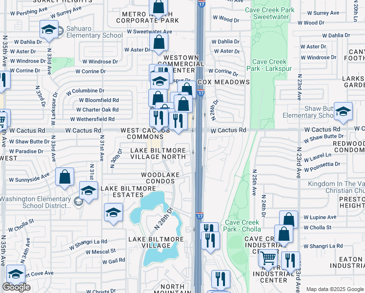 map of restaurants, bars, coffee shops, grocery stores, and more near 12027 North 28th Drive in Phoenix