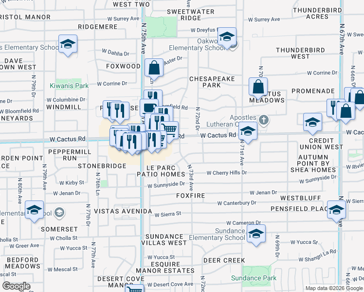 map of restaurants, bars, coffee shops, grocery stores, and more near 7290 West Shaw Butte Drive in Peoria