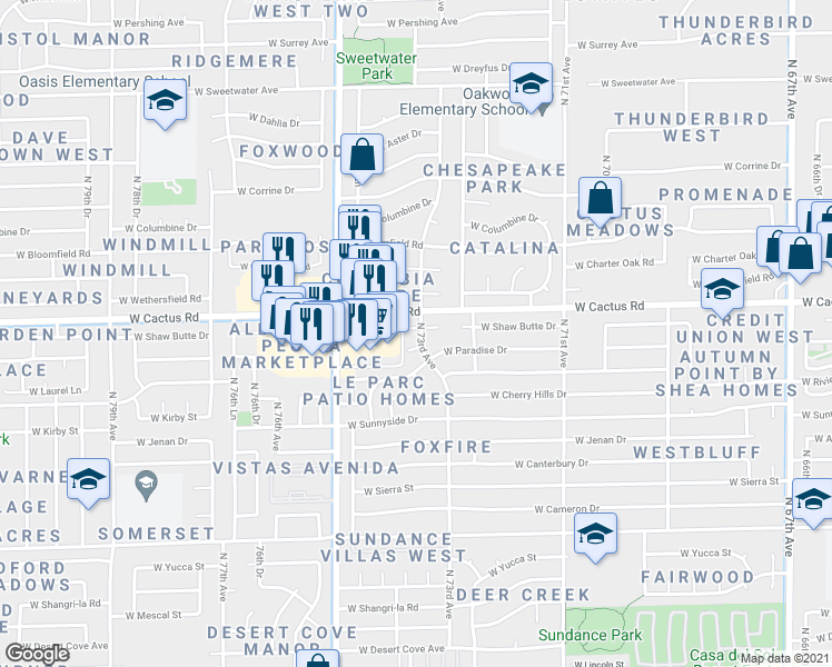 map of restaurants, bars, coffee shops, grocery stores, and more near 7290 West Shaw Butte Drive in Peoria