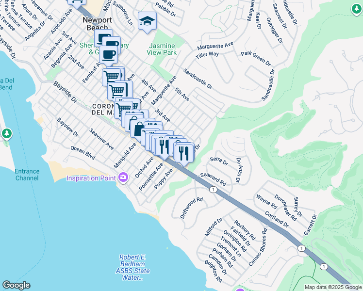 map of restaurants, bars, coffee shops, grocery stores, and more near 501 Poinsettia Avenue in Newport Beach