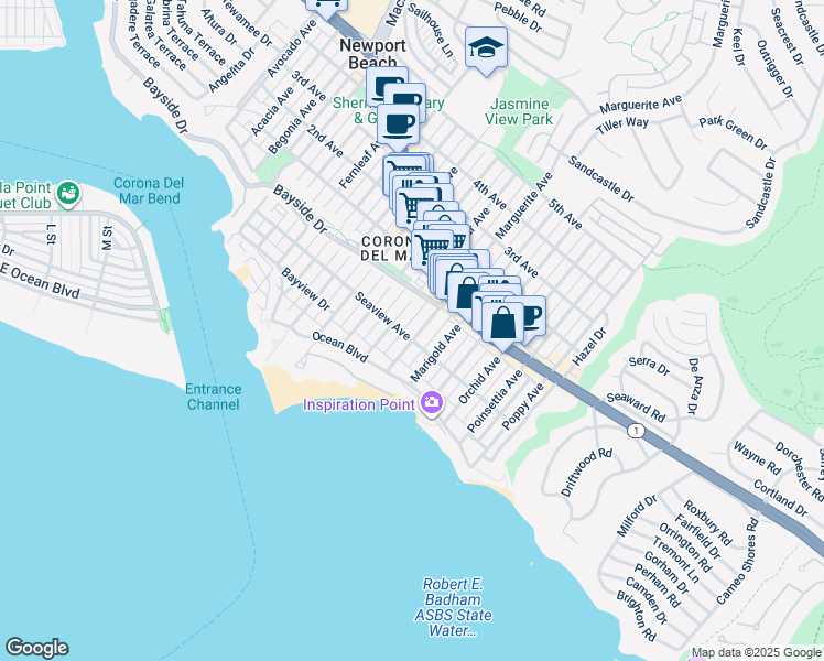map of restaurants, bars, coffee shops, grocery stores, and more near 300 Larkspur Avenue in Newport Beach