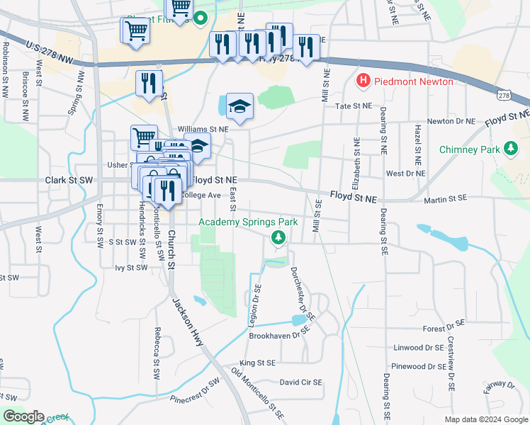 map of restaurants, bars, coffee shops, grocery stores, and more near 2135 Anderson Avenue Northeast in Covington