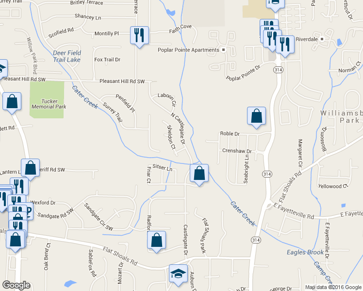 map of restaurants, bars, coffee shops, grocery stores, and more near 5868 North Castlegate Drive in Atlanta