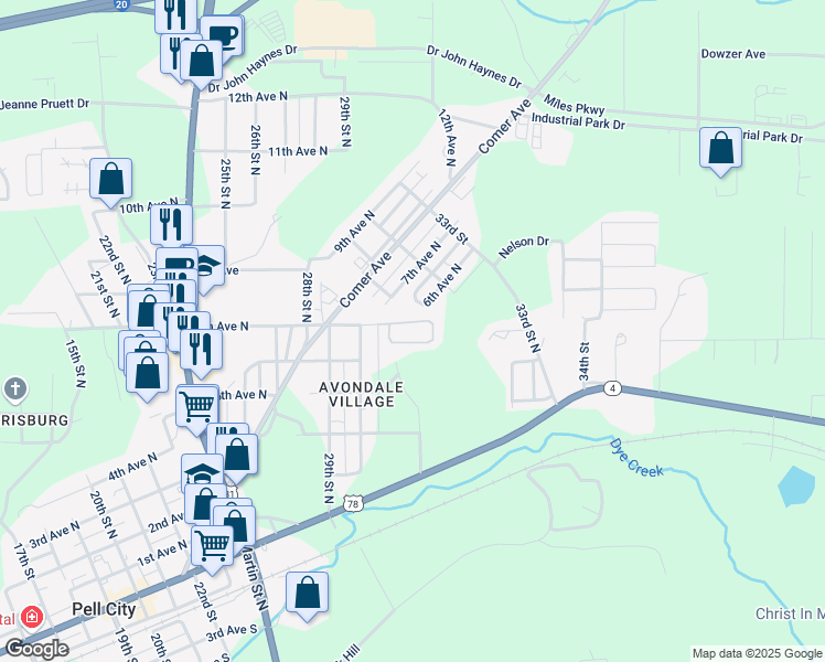 map of restaurants, bars, coffee shops, grocery stores, and more near 3102 6th Avenue North in Pell City