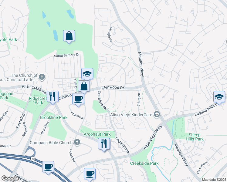 map of restaurants, bars, coffee shops, grocery stores, and more near 1 Coralwind in Aliso Viejo