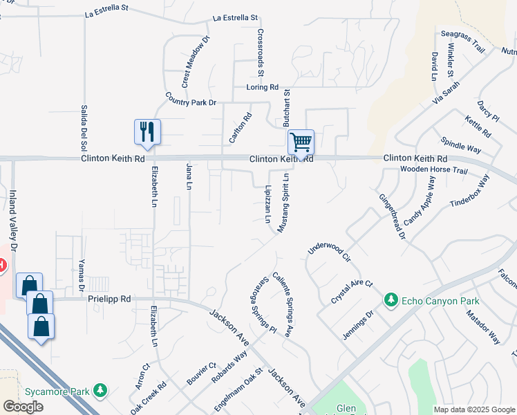 map of restaurants, bars, coffee shops, grocery stores, and more near 25119 Bay Roan Court in Wildomar