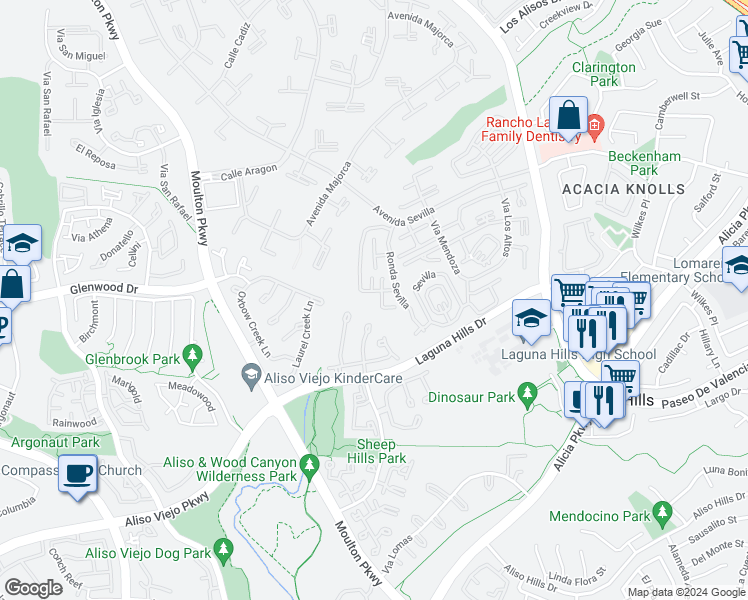map of restaurants, bars, coffee shops, grocery stores, and more near 897 Ronda Sevilla in Laguna Hills
