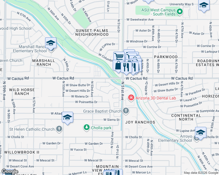 map of restaurants, bars, coffee shops, grocery stores, and more near 5162 West Shaw Butte Drive in Glendale