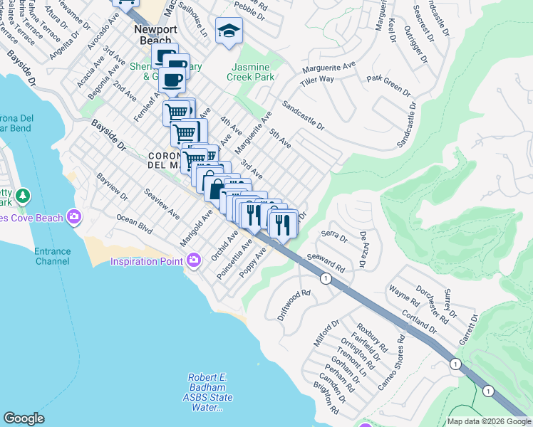 map of restaurants, bars, coffee shops, grocery stores, and more near 501 Poinsettia Avenue in Newport Beach