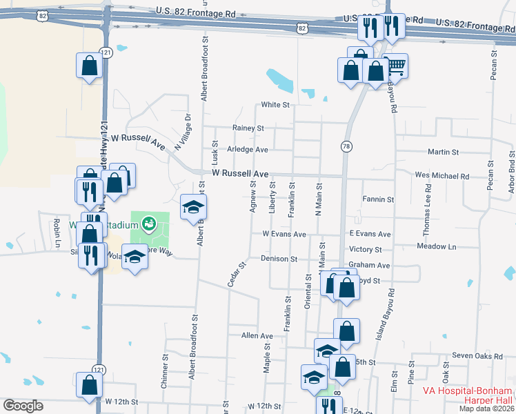 map of restaurants, bars, coffee shops, grocery stores, and more near 1932 Agnew Street in Bonham