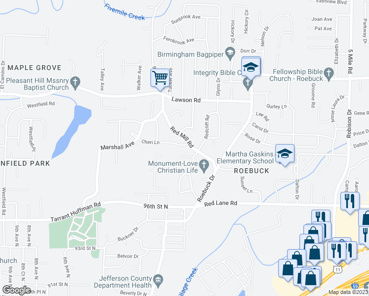 map of restaurants, bars, coffee shops, grocery stores, and more near 405 Cheri Lane in Birmingham