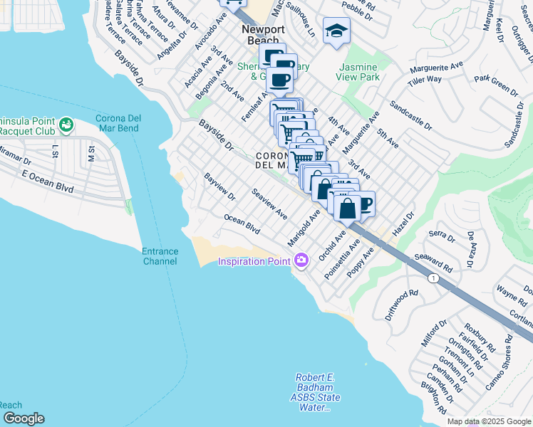 map of restaurants, bars, coffee shops, grocery stores, and more near 221 Larkspur Avenue in Newport Beach