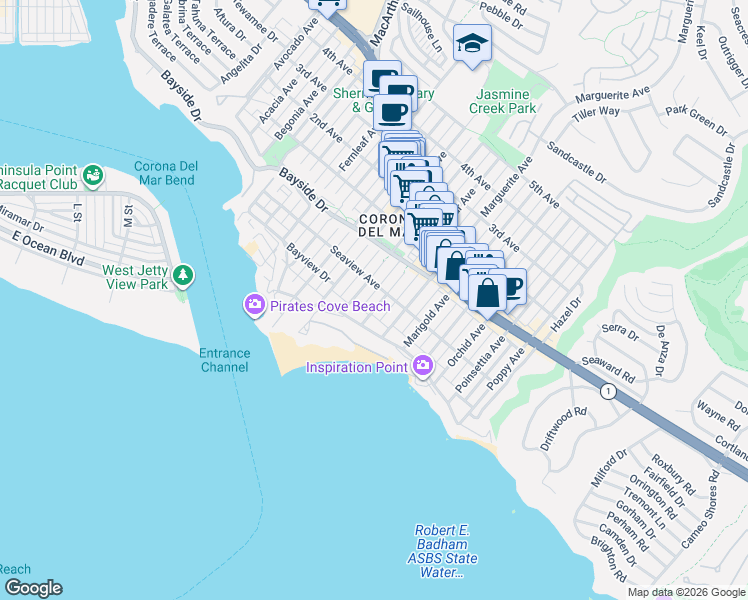 map of restaurants, bars, coffee shops, grocery stores, and more near 300 Larkspur Avenue in Newport Beach
