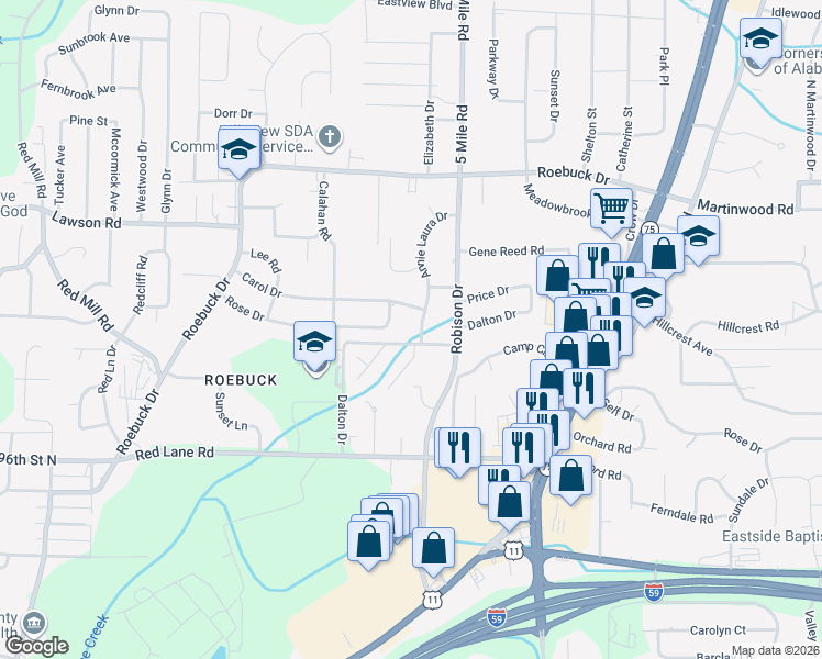 map of restaurants, bars, coffee shops, grocery stores, and more near 241 Rose Drive in Birmingham