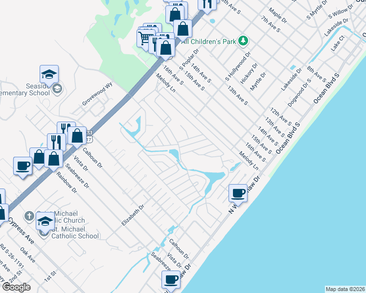 map of restaurants, bars, coffee shops, grocery stores, and more near 13 Avocet Drive in Myrtle Beach