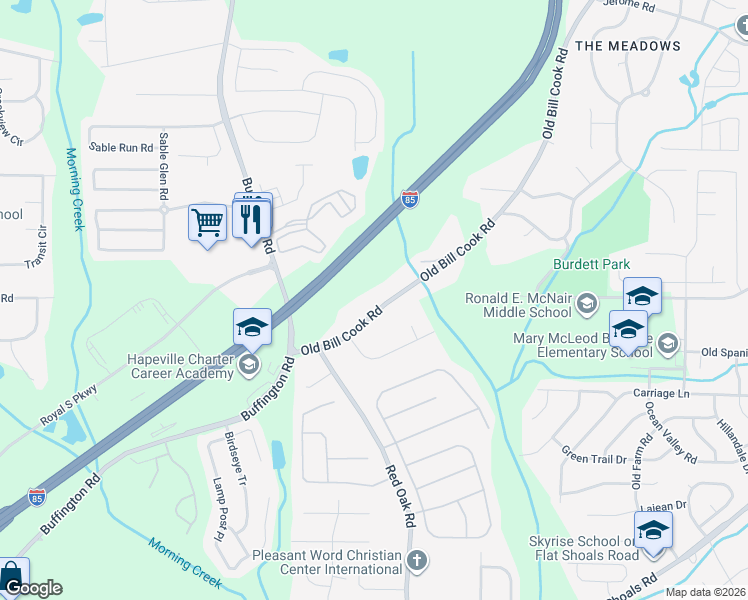 map of restaurants, bars, coffee shops, grocery stores, and more near 5915 Old Bill Cook Road in College Park