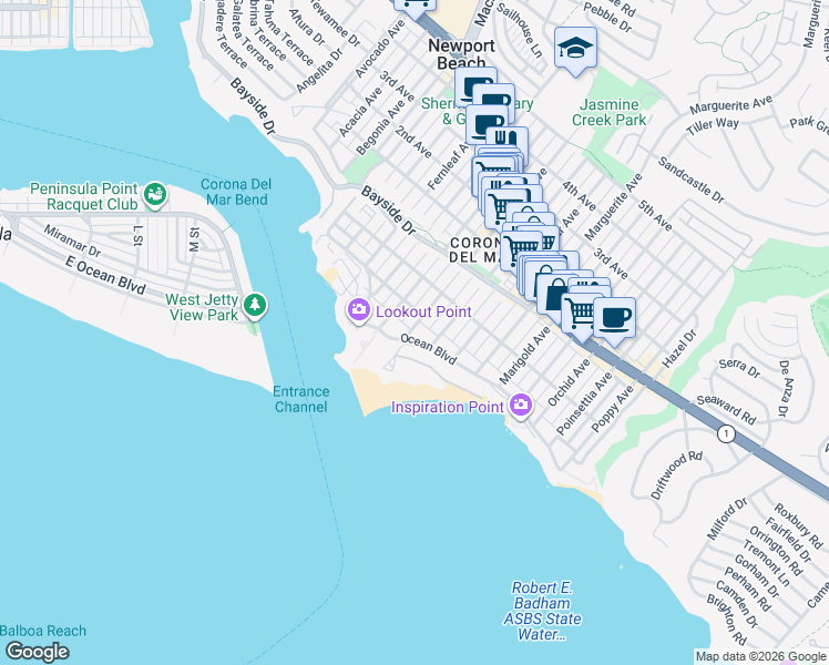 map of restaurants, bars, coffee shops, grocery stores, and more near 3000 Ocean Boulevard in Newport Beach