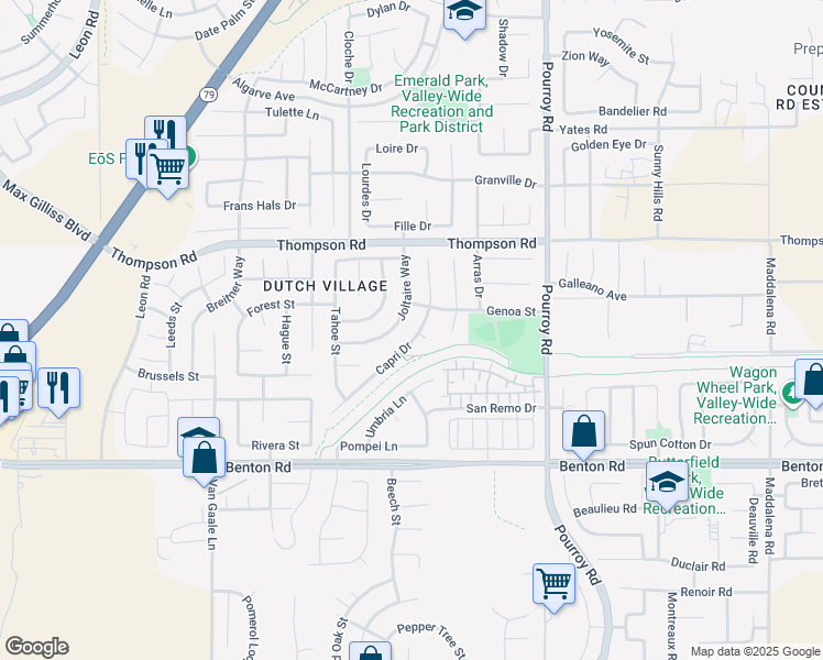 map of restaurants, bars, coffee shops, grocery stores, and more near 36197 Capri Drive in Winchester