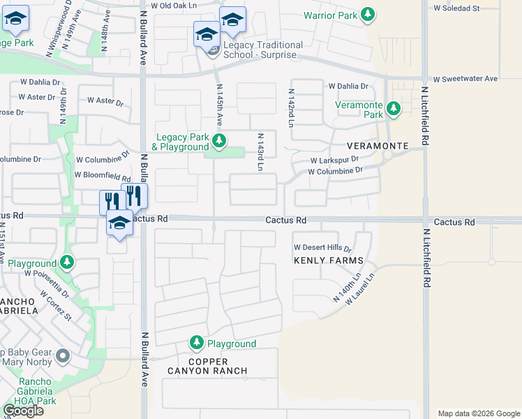 map of restaurants, bars, coffee shops, grocery stores, and more near 14385 West Wethersfield Road in Surprise