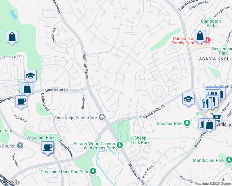 map of restaurants, bars, coffee shops, grocery stores, and more near 4 Rocky Creek Lane in Laguna Hills