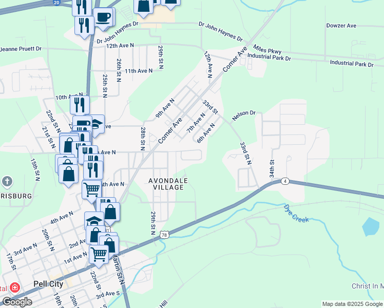 map of restaurants, bars, coffee shops, grocery stores, and more near 310 7th Avenue North in Pell City