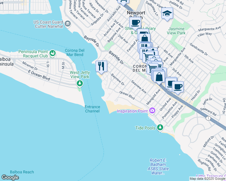map of restaurants, bars, coffee shops, grocery stores, and more near 2901 Ocean Boulevard in Newport Beach