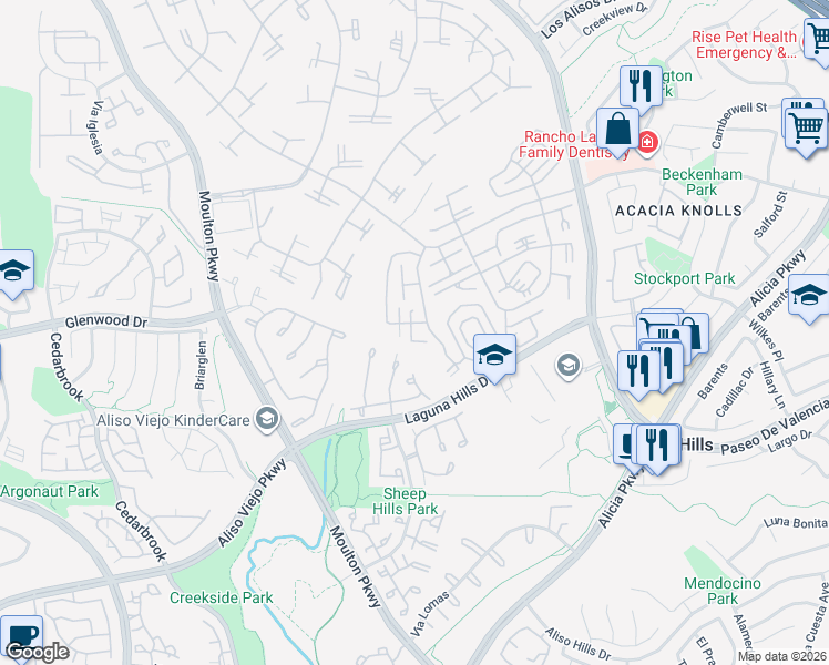 map of restaurants, bars, coffee shops, grocery stores, and more near 893 Ronda Sevilla in Laguna Hills