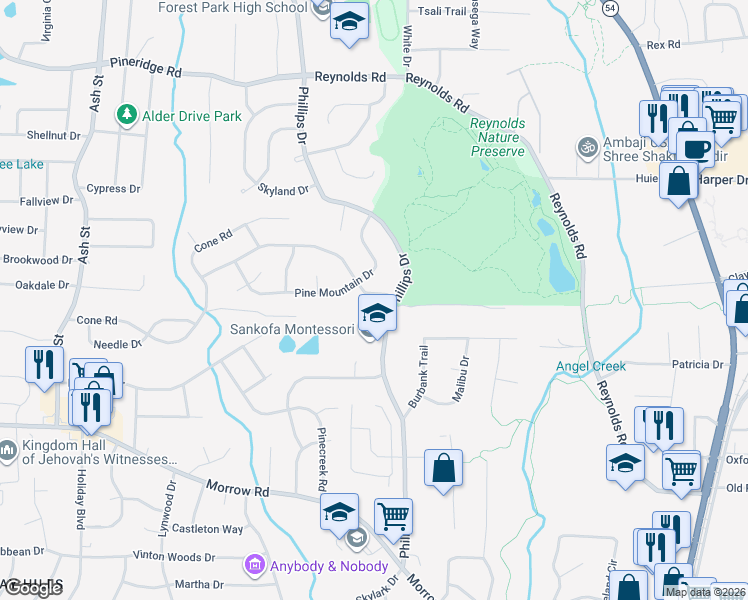 map of restaurants, bars, coffee shops, grocery stores, and more near 1151 Tamarack Trail in Forest Park