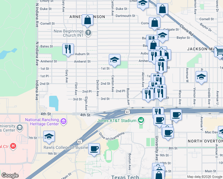 map of restaurants, bars, coffee shops, grocery stores, and more near 2802 2nd Place in Lubbock