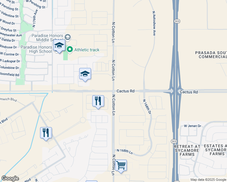 map of restaurants, bars, coffee shops, grocery stores, and more near 12200 North Cotton Lane in Surprise