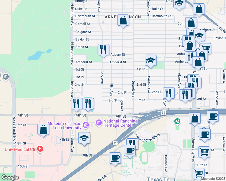 map of restaurants, bars, coffee shops, grocery stores, and more near 3009 2nd Street in Lubbock