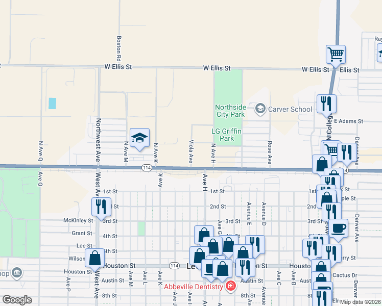 map of restaurants, bars, coffee shops, grocery stores, and more near 110 Viola Avenue in Levelland