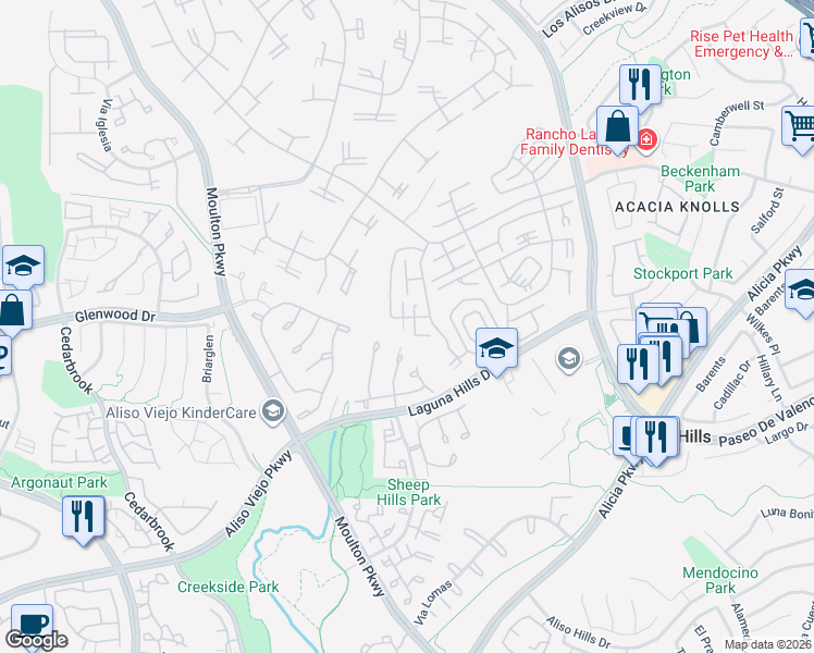 map of restaurants, bars, coffee shops, grocery stores, and more near 897 Ronda Sevilla in Laguna Hills