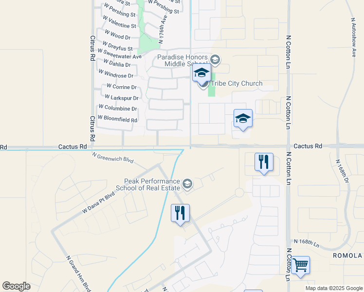 map of restaurants, bars, coffee shops, grocery stores, and more near West Cactus Road in Surprise