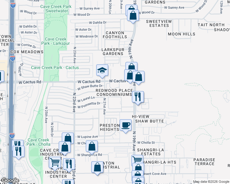 map of restaurants, bars, coffee shops, grocery stores, and more near 2015 West Cactus Road in Phoenix
