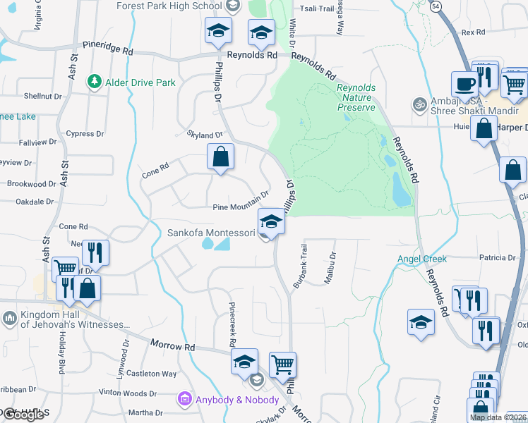 map of restaurants, bars, coffee shops, grocery stores, and more near 1151 Tamarack Trail in Forest Park