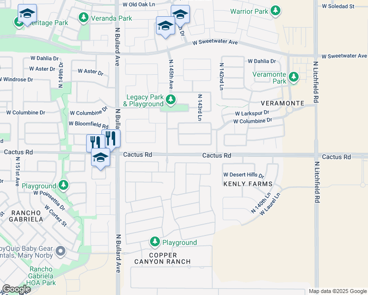 map of restaurants, bars, coffee shops, grocery stores, and more near 14465 West Wethersfield Road in Surprise
