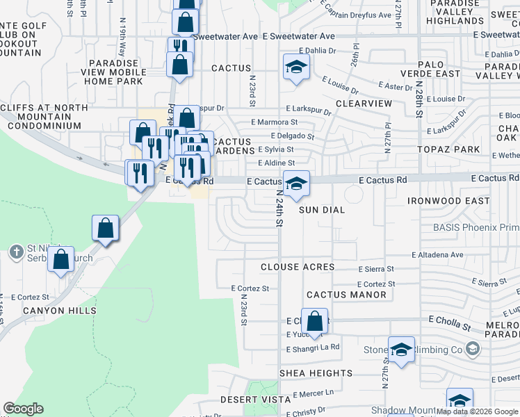 map of restaurants, bars, coffee shops, grocery stores, and more near 2314 East Paradise Drive in Phoenix