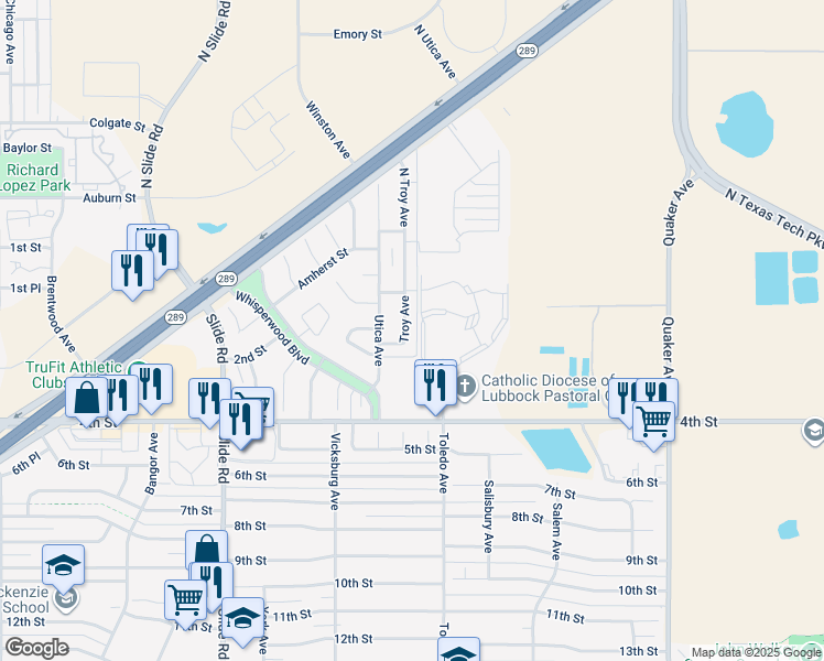 map of restaurants, bars, coffee shops, grocery stores, and more near 107 Troy Avenue in Lubbock