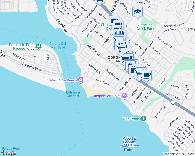 map of restaurants, bars, coffee shops, grocery stores, and more near 207 Iris Avenue in Newport Beach