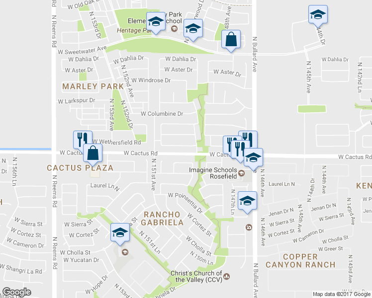 map of restaurants, bars, coffee shops, grocery stores, and more near 15013 West Wethersfield Road in Surprise