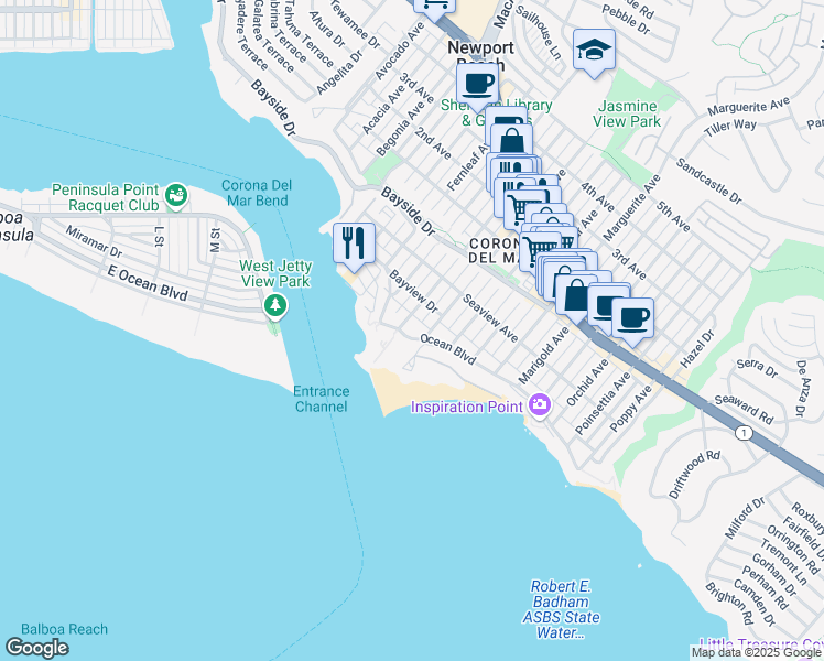 map of restaurants, bars, coffee shops, grocery stores, and more near 2908 Ocean Boulevard in Newport Beach