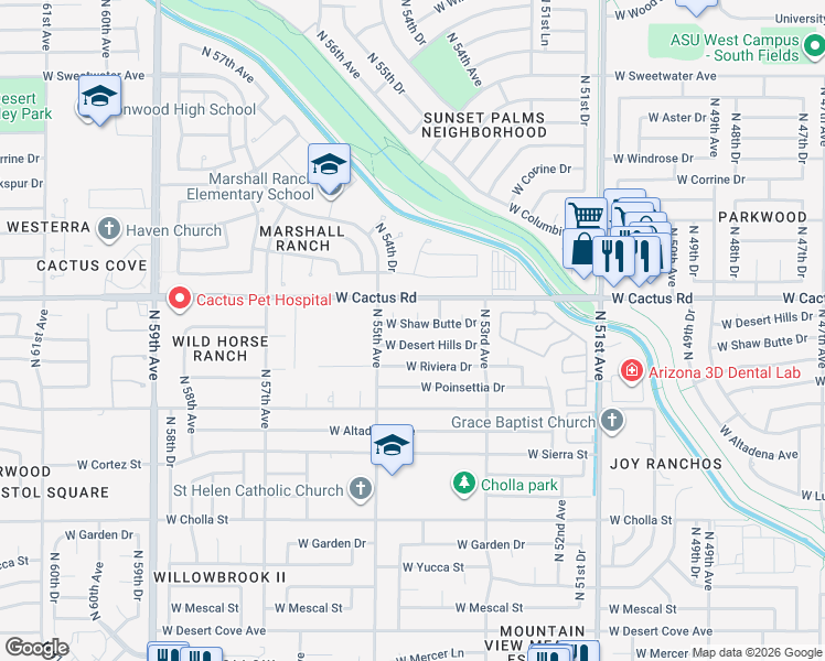 map of restaurants, bars, coffee shops, grocery stores, and more near 5425 West Shaw Butte Drive in Glendale