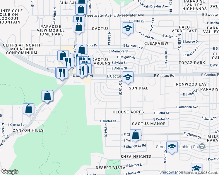 map of restaurants, bars, coffee shops, grocery stores, and more near 2314 East Paradise Drive in Phoenix