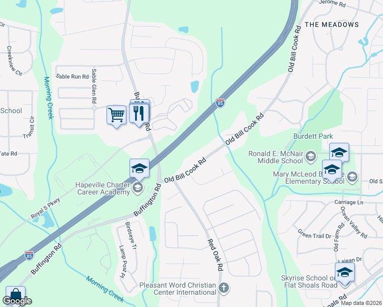 map of restaurants, bars, coffee shops, grocery stores, and more near 5945 Old Bill Cook Road in Atlanta