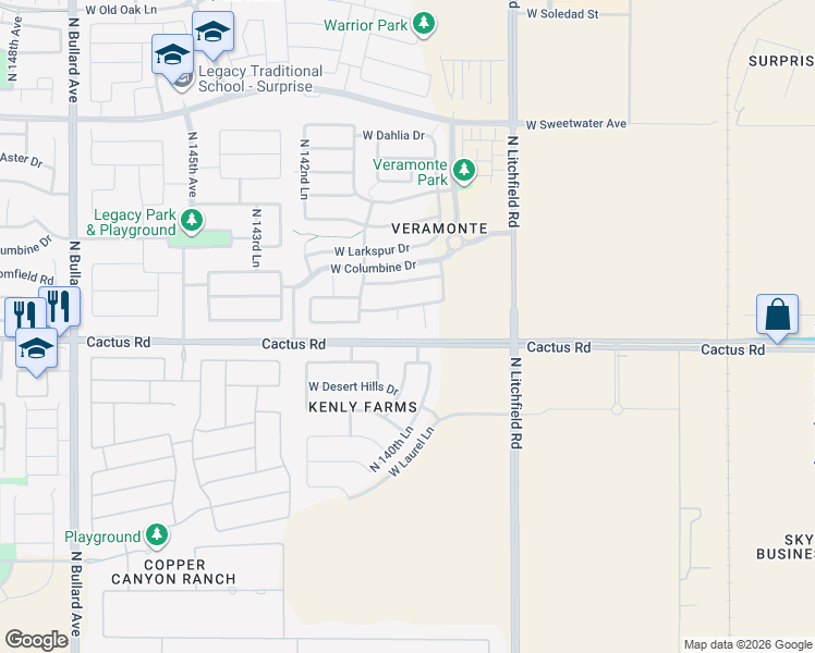 map of restaurants, bars, coffee shops, grocery stores, and more near 12277 North 141st Court in Surprise