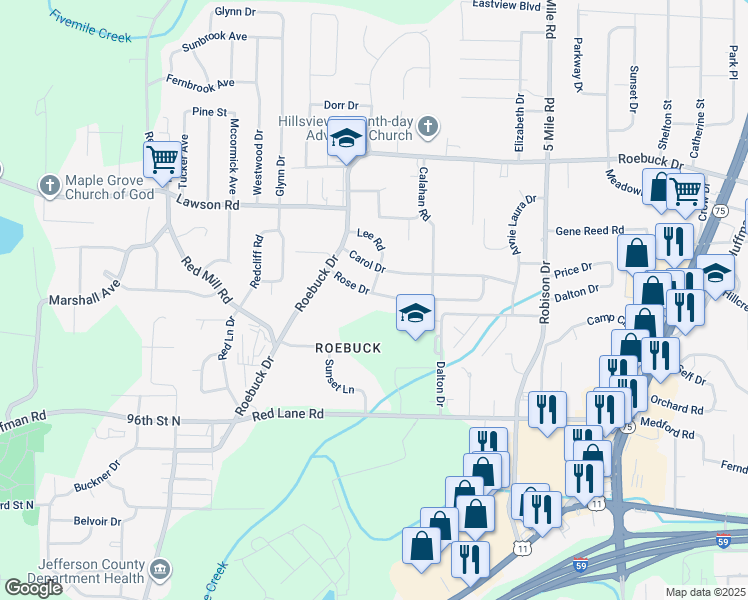 map of restaurants, bars, coffee shops, grocery stores, and more near 133 Rose Drive in Birmingham