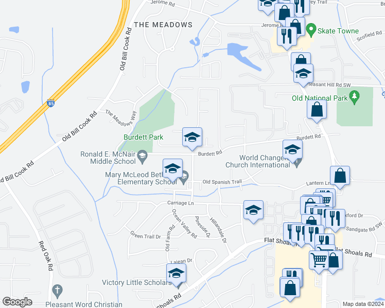 map of restaurants, bars, coffee shops, grocery stores, and more near 5750 Old Carriage Drive in Atlanta