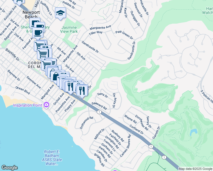 map of restaurants, bars, coffee shops, grocery stores, and more near 424 Mendoza Terrace in Newport Beach