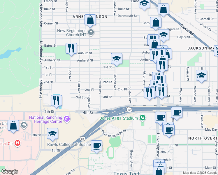 map of restaurants, bars, coffee shops, grocery stores, and more near 2817 2nd Street in Lubbock